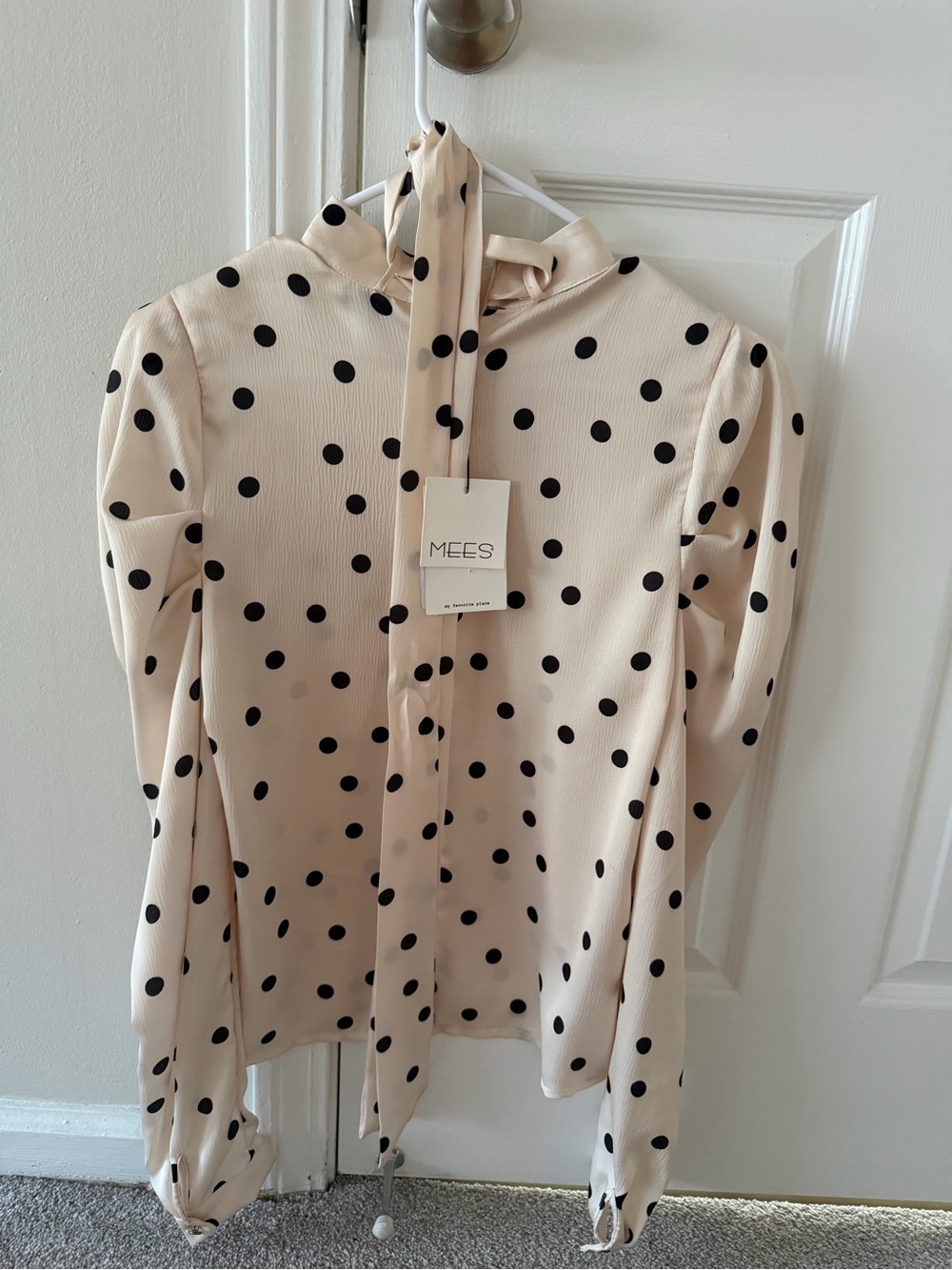 Cream Polka Dot Tie-Neck Blouse